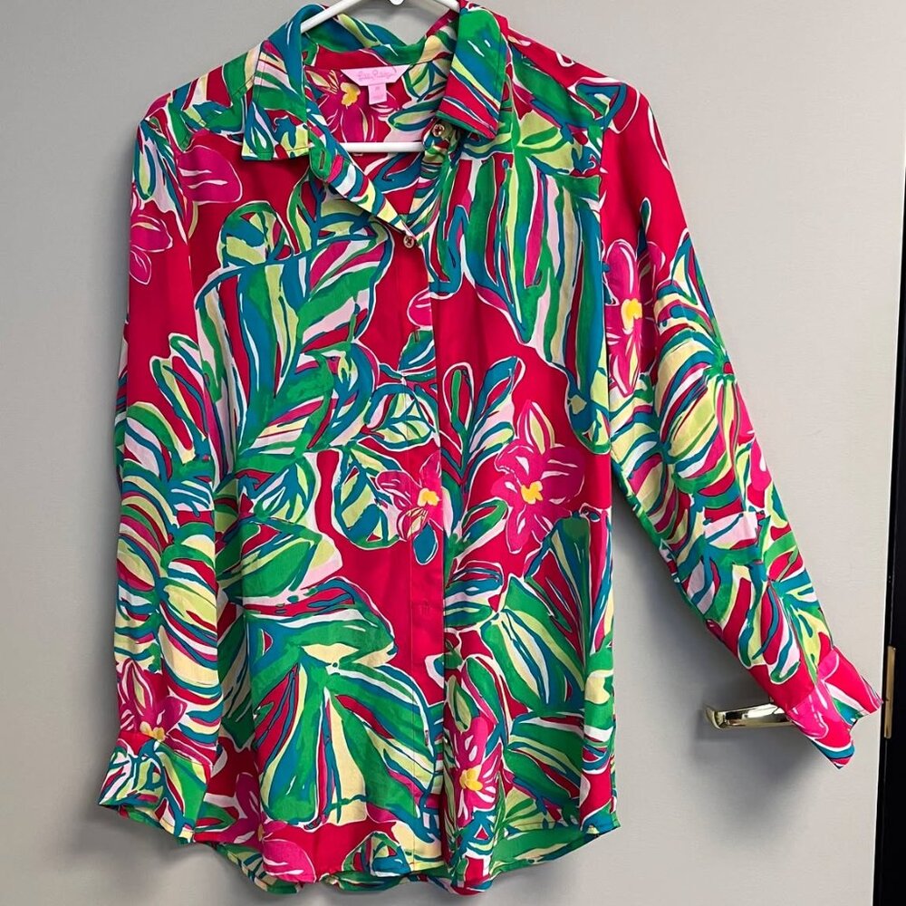 Lilly Pulitzer Isla SILK Blouse Pomegranate Jungle Tumble Size Medium
